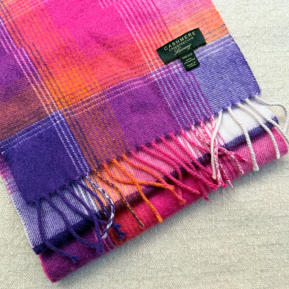 Charter Club Luxury 100% Cashmere Multicolor Plaid Scarf Pink Purple Macy’s